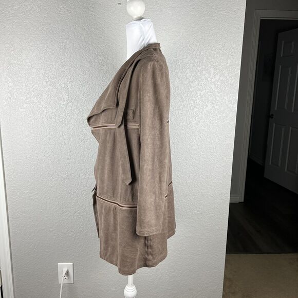 Size M Brown Asymmetric Zipper Ultra Suede Tiered Draped Hip Length Jacket - Picture 4 of 8